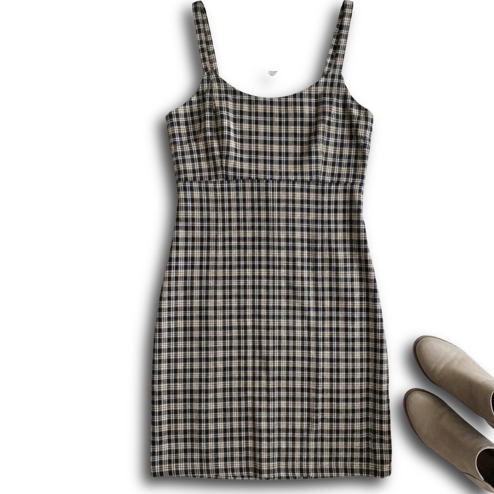 Hollister Womens Plaid Mini Dress Black Tan Advanced Stretch Sleeveless Medium
